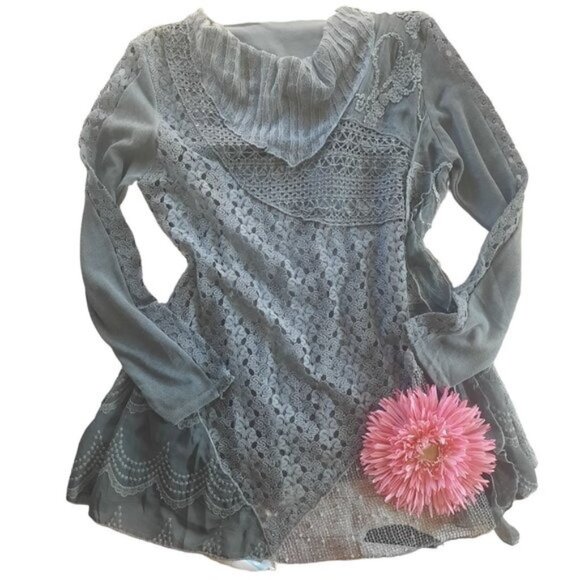 Simply Couture Lace Blouse Long Sleeve Cowl Neck Chiffon Layers Shirt - Picture 2 of 14